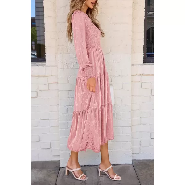 imagePRETTYGARDEN Womens Fall Midi Dress Long Sleeve Floral Smocked Elegant Wedding Guest Long Flowy DressesPink
