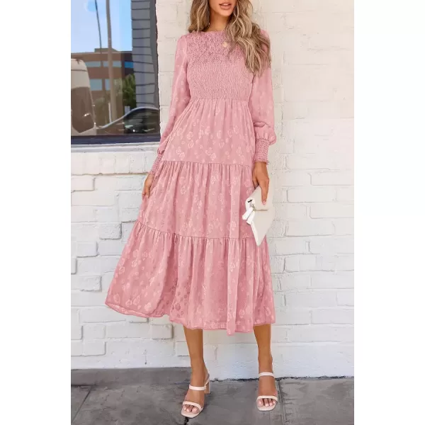 imagePRETTYGARDEN Womens Fall Midi Dress Long Sleeve Floral Smocked Elegant Wedding Guest Long Flowy DressesPink