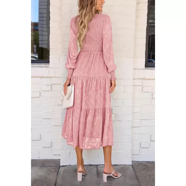 imagePRETTYGARDEN Womens Fall Midi Dress Long Sleeve Floral Smocked Elegant Wedding Guest Long Flowy DressesPink