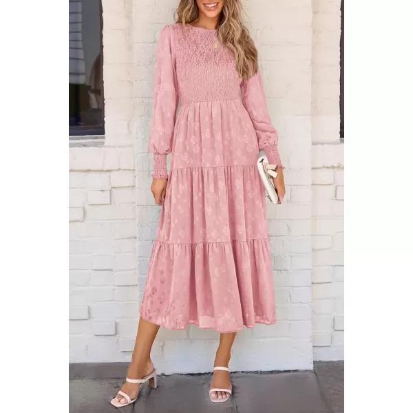 imagePRETTYGARDEN Womens Fall Midi Dress Long Sleeve Floral Smocked Elegant Wedding Guest Long Flowy DressesPink