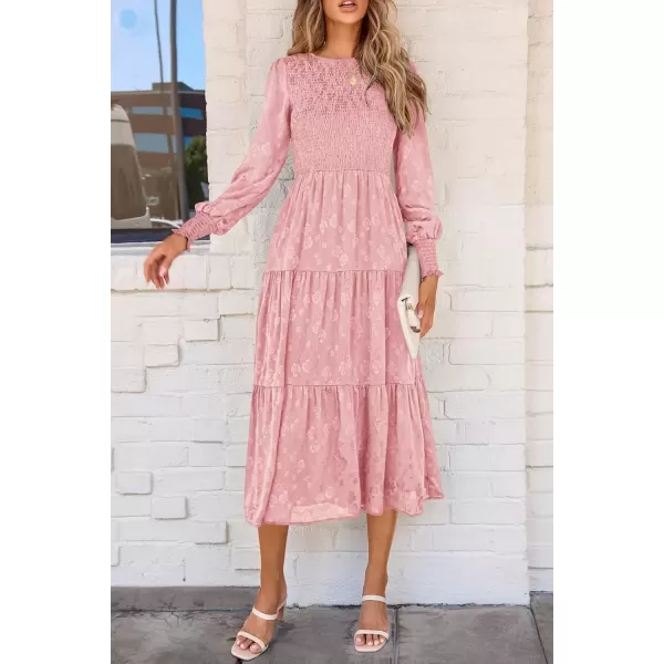 imagePRETTYGARDEN Womens Fall Midi Dress Long Sleeve Floral Smocked Elegant Wedding Guest Long Flowy DressesPink