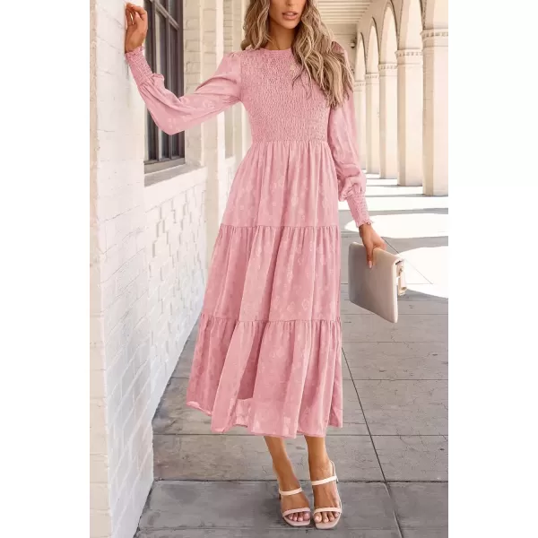 imagePRETTYGARDEN Womens Fall Midi Dress Long Sleeve Floral Smocked Elegant Wedding Guest Long Flowy DressesPink