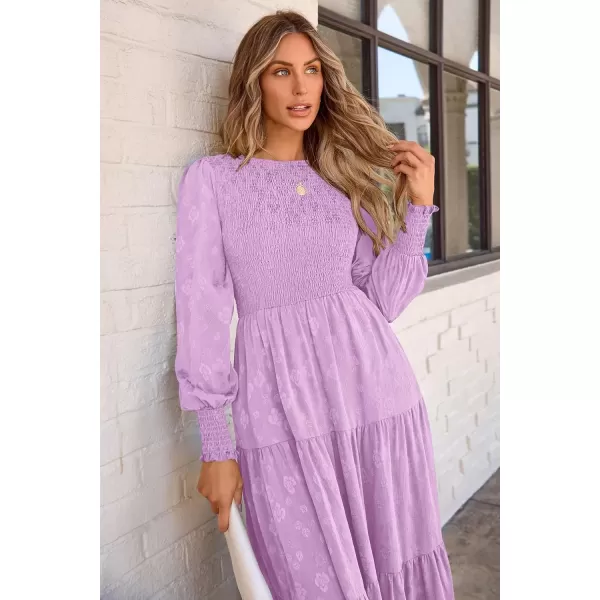 imagePRETTYGARDEN Womens Fall Midi Dress Long Sleeve Floral Smocked Elegant Wedding Guest Long Flowy DressesPurple