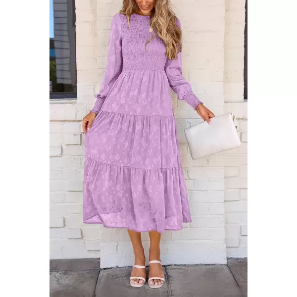 imagePRETTYGARDEN Womens Fall Midi Dress Long Sleeve Floral Smocked Elegant Wedding Guest Long Flowy DressesPurple