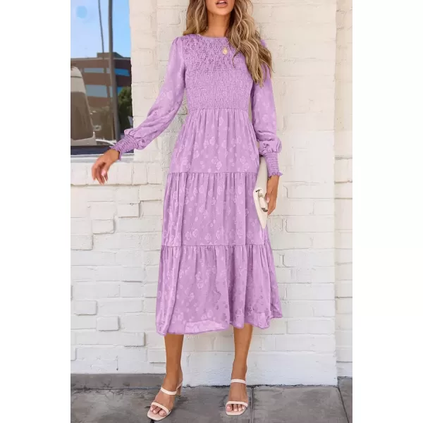 imagePRETTYGARDEN Womens Fall Midi Dress Long Sleeve Floral Smocked Elegant Wedding Guest Long Flowy DressesPurple