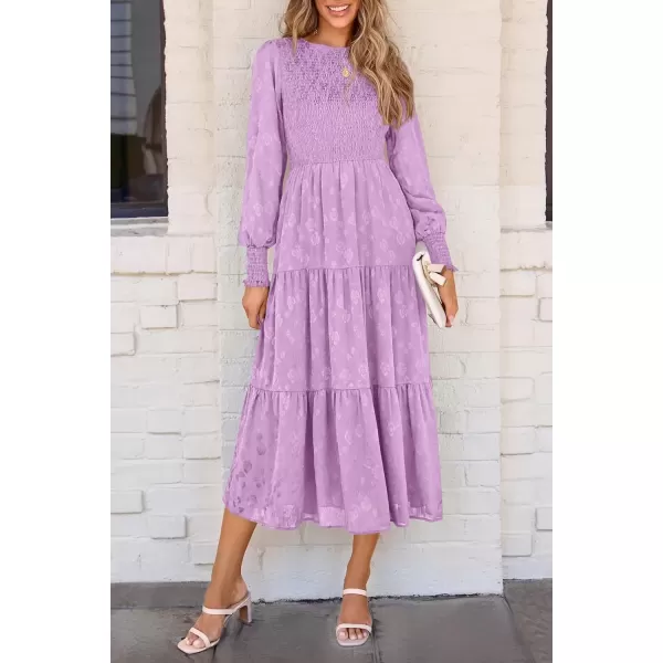 imagePRETTYGARDEN Womens Fall Midi Dress Long Sleeve Floral Smocked Elegant Wedding Guest Long Flowy DressesPurple