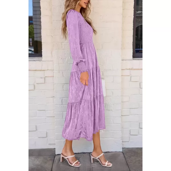 imagePRETTYGARDEN Womens Fall Midi Dress Long Sleeve Floral Smocked Elegant Wedding Guest Long Flowy DressesPurple