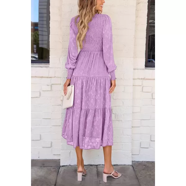 imagePRETTYGARDEN Womens Fall Midi Dress Long Sleeve Floral Smocked Elegant Wedding Guest Long Flowy DressesPurple