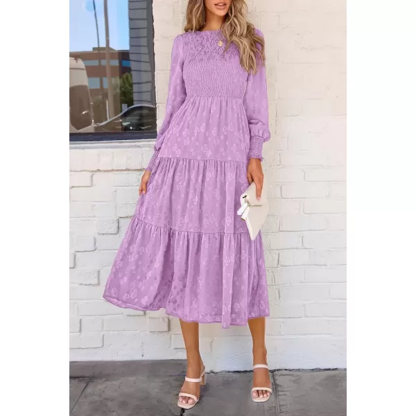 imagePRETTYGARDEN Womens Fall Midi Dress Long Sleeve Floral Smocked Elegant Wedding Guest Long Flowy DressesPurple