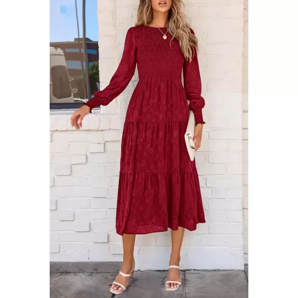 imagePRETTYGARDEN Womens Fall Midi Dress Long Sleeve Floral Smocked Elegant Wedding Guest Long Flowy DressesRed