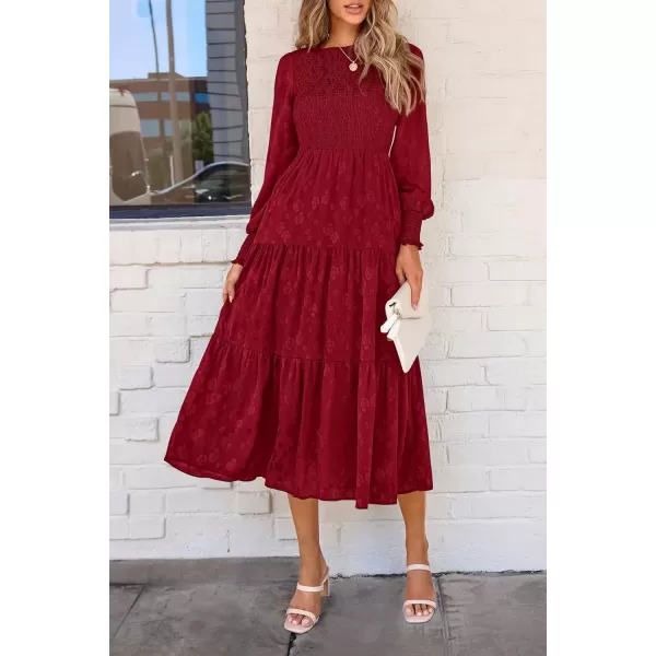 imagePRETTYGARDEN Womens Fall Midi Dress Long Sleeve Floral Smocked Elegant Wedding Guest Long Flowy DressesRed
