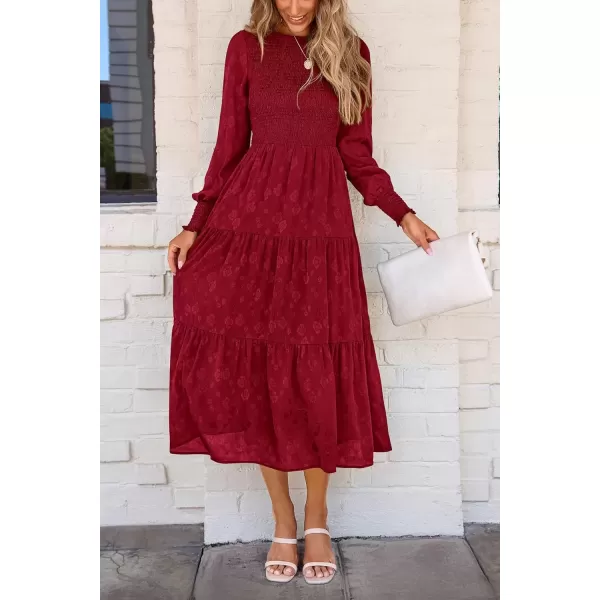 imagePRETTYGARDEN Womens Fall Midi Dress Long Sleeve Floral Smocked Elegant Wedding Guest Long Flowy DressesRed