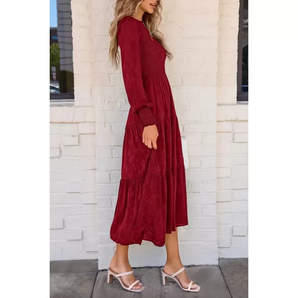 imagePRETTYGARDEN Womens Fall Midi Dress Long Sleeve Floral Smocked Elegant Wedding Guest Long Flowy DressesRed