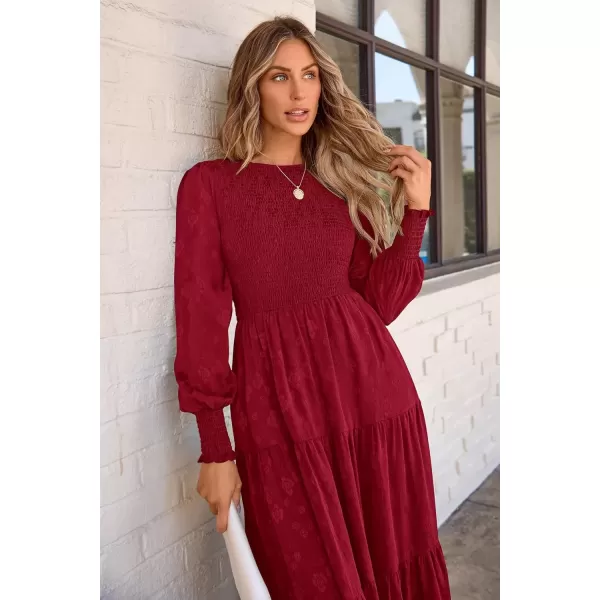 imagePRETTYGARDEN Womens Fall Midi Dress Long Sleeve Floral Smocked Elegant Wedding Guest Long Flowy DressesRed