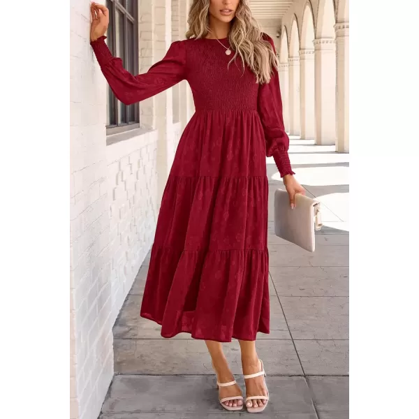 imagePRETTYGARDEN Womens Fall Midi Dress Long Sleeve Floral Smocked Elegant Wedding Guest Long Flowy DressesRed