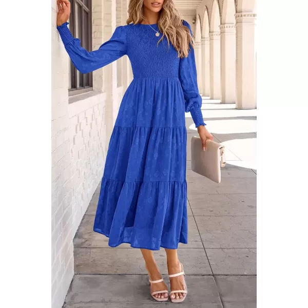 imagePRETTYGARDEN Womens Fall Midi Dress Long Sleeve Floral Smocked Elegant Wedding Guest Long Flowy DressesRoyal Blue
