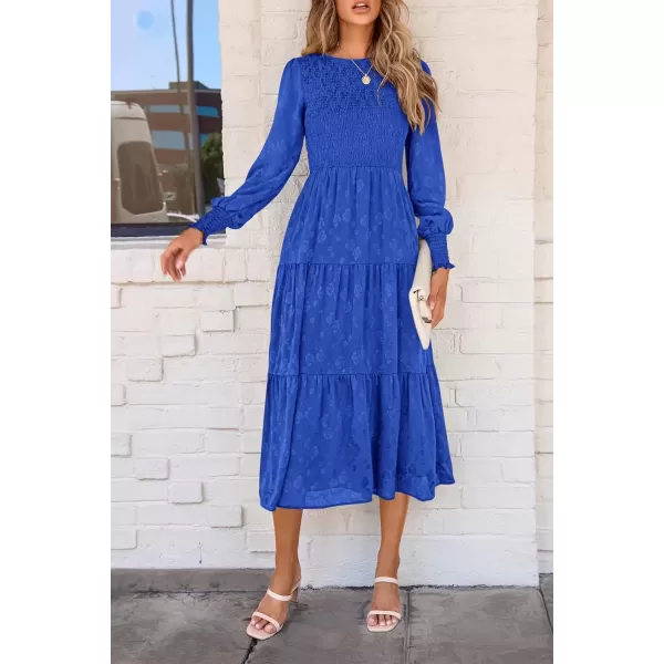 imagePRETTYGARDEN Womens Fall Midi Dress Long Sleeve Floral Smocked Elegant Wedding Guest Long Flowy DressesRoyal Blue