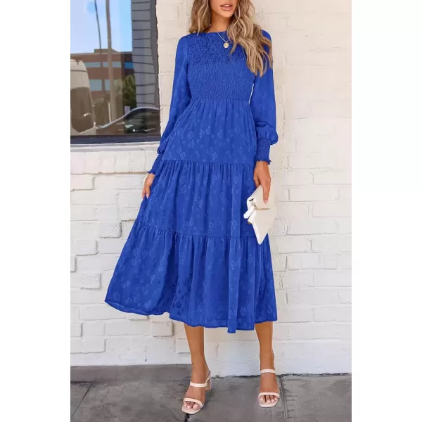 imagePRETTYGARDEN Womens Fall Midi Dress Long Sleeve Floral Smocked Elegant Wedding Guest Long Flowy DressesRoyal Blue