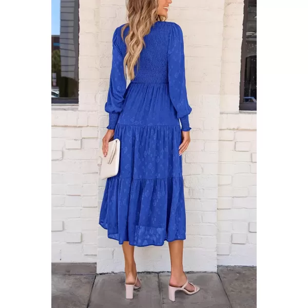 imagePRETTYGARDEN Womens Fall Midi Dress Long Sleeve Floral Smocked Elegant Wedding Guest Long Flowy DressesRoyal Blue
