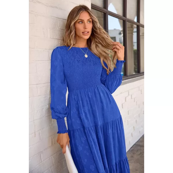 imagePRETTYGARDEN Womens Fall Midi Dress Long Sleeve Floral Smocked Elegant Wedding Guest Long Flowy DressesRoyal Blue