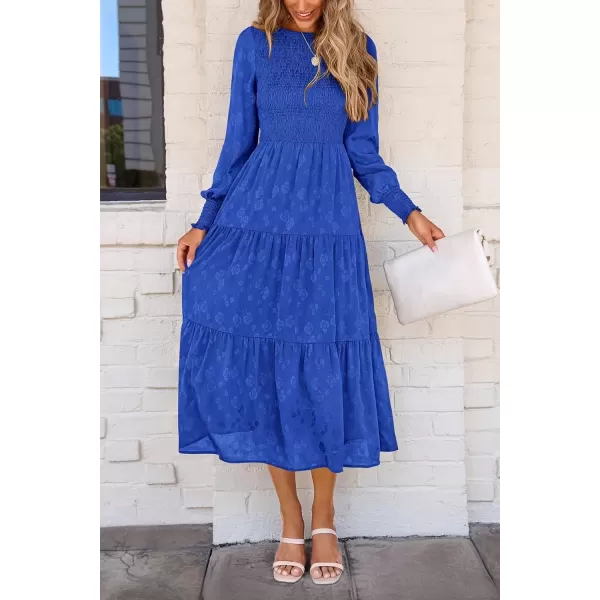 imagePRETTYGARDEN Womens Fall Midi Dress Long Sleeve Floral Smocked Elegant Wedding Guest Long Flowy DressesRoyal Blue