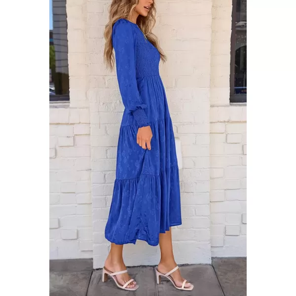 imagePRETTYGARDEN Womens Fall Midi Dress Long Sleeve Floral Smocked Elegant Wedding Guest Long Flowy DressesRoyal Blue