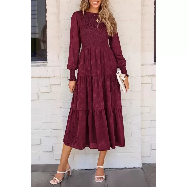 imagePRETTYGARDEN Womens Fall Midi Dress Long Sleeve Floral Smocked Elegant Wedding Guest Long Flowy DressesWine Red