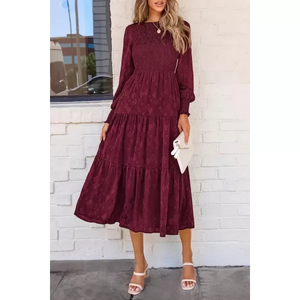 imagePRETTYGARDEN Womens Fall Midi Dress Long Sleeve Floral Smocked Elegant Wedding Guest Long Flowy DressesWine Red