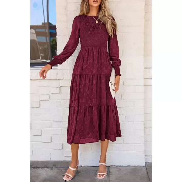 imagePRETTYGARDEN Womens Fall Midi Dress Long Sleeve Floral Smocked Elegant Wedding Guest Long Flowy DressesWine Red