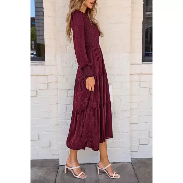 imagePRETTYGARDEN Womens Fall Midi Dress Long Sleeve Floral Smocked Elegant Wedding Guest Long Flowy DressesWine Red