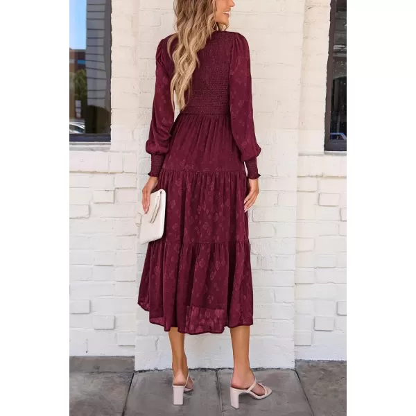 imagePRETTYGARDEN Womens Fall Midi Dress Long Sleeve Floral Smocked Elegant Wedding Guest Long Flowy DressesWine Red