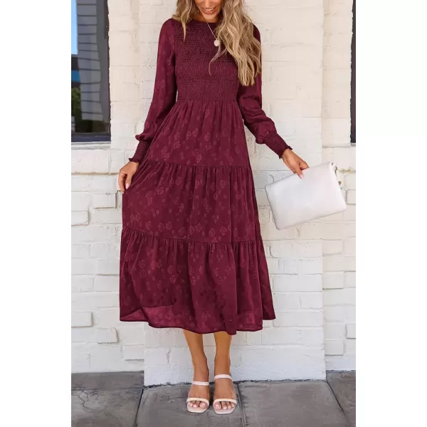 imagePRETTYGARDEN Womens Fall Midi Dress Long Sleeve Floral Smocked Elegant Wedding Guest Long Flowy DressesWine Red