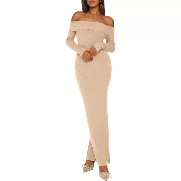imagePRETTYGARDEN Womens Fall Sweater Dress Long Sleeve Off Shoulder Slit Maxi Bodycon Cocktail Party DressesApricot