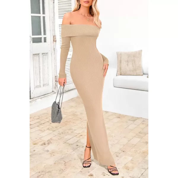 imagePRETTYGARDEN Womens Fall Sweater Dress Long Sleeve Off Shoulder Slit Maxi Bodycon Cocktail Party DressesApricot