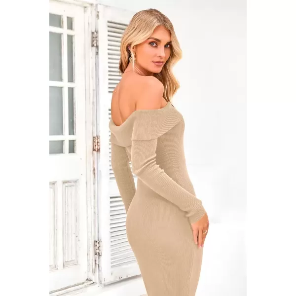 imagePRETTYGARDEN Womens Fall Sweater Dress Long Sleeve Off Shoulder Slit Maxi Bodycon Cocktail Party DressesApricot