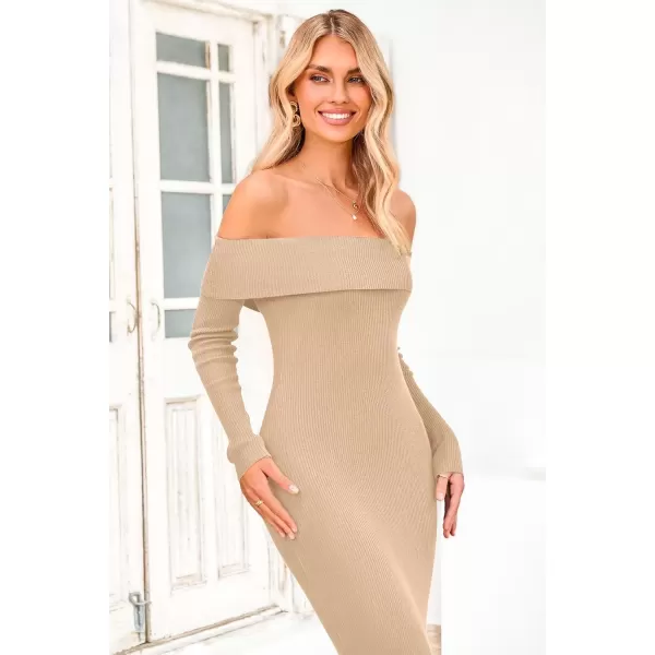 imagePRETTYGARDEN Womens Fall Sweater Dress Long Sleeve Off Shoulder Slit Maxi Bodycon Cocktail Party DressesApricot