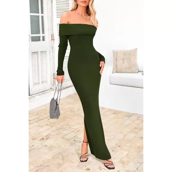 imagePRETTYGARDEN Womens Fall Sweater Dress Long Sleeve Off Shoulder Slit Maxi Bodycon Cocktail Party DressesArmy Green