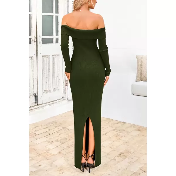 imagePRETTYGARDEN Womens Fall Sweater Dress Long Sleeve Off Shoulder Slit Maxi Bodycon Cocktail Party DressesArmy Green