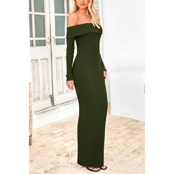 imagePRETTYGARDEN Womens Fall Sweater Dress Long Sleeve Off Shoulder Slit Maxi Bodycon Cocktail Party DressesArmy Green