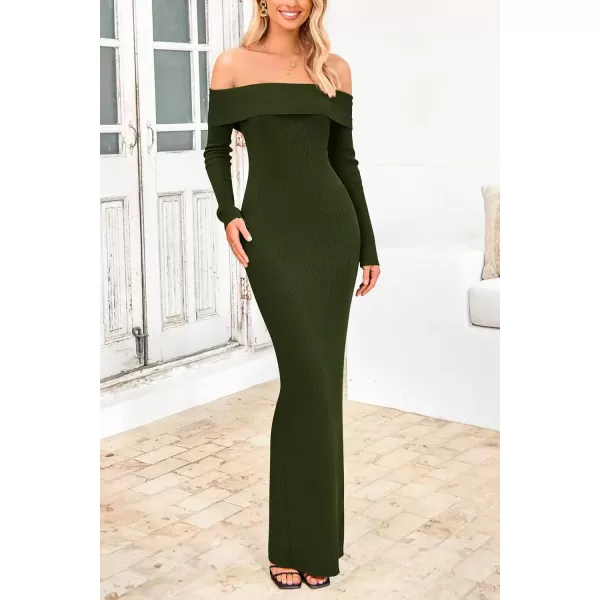 imagePRETTYGARDEN Womens Fall Sweater Dress Long Sleeve Off Shoulder Slit Maxi Bodycon Cocktail Party DressesArmy Green