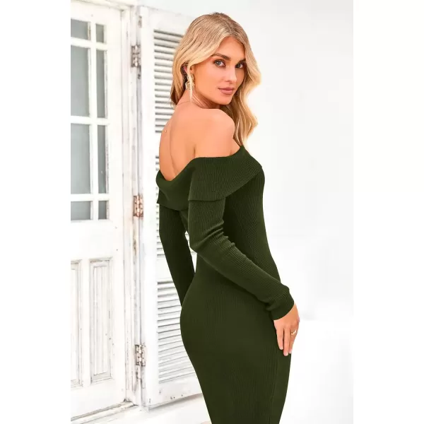 imagePRETTYGARDEN Womens Fall Sweater Dress Long Sleeve Off Shoulder Slit Maxi Bodycon Cocktail Party DressesArmy Green