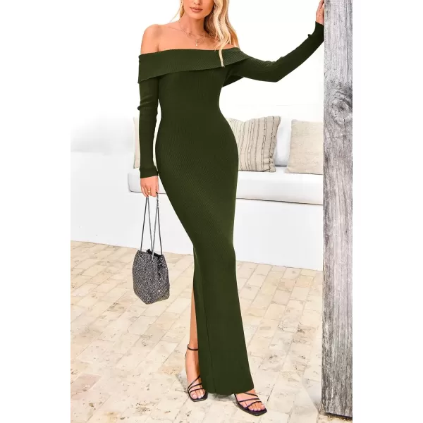 imagePRETTYGARDEN Womens Fall Sweater Dress Long Sleeve Off Shoulder Slit Maxi Bodycon Cocktail Party DressesArmy Green