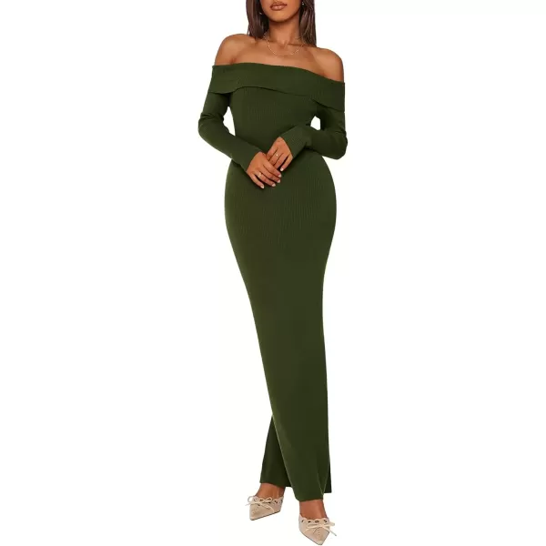 imagePRETTYGARDEN Womens Fall Sweater Dress Long Sleeve Off Shoulder Slit Maxi Bodycon Cocktail Party DressesArmy Green