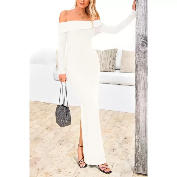 imagePRETTYGARDEN Womens Fall Sweater Dress Long Sleeve Off Shoulder Slit Maxi Bodycon Cocktail Party DressesBeige White