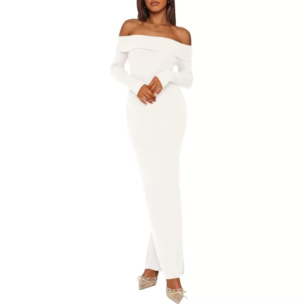 imagePRETTYGARDEN Womens Fall Sweater Dress Long Sleeve Off Shoulder Slit Maxi Bodycon Cocktail Party DressesBeige White