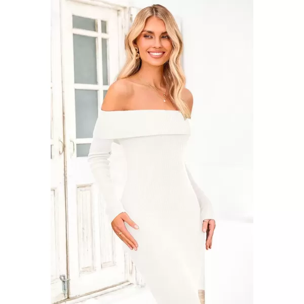 imagePRETTYGARDEN Womens Fall Sweater Dress Long Sleeve Off Shoulder Slit Maxi Bodycon Cocktail Party DressesBeige White