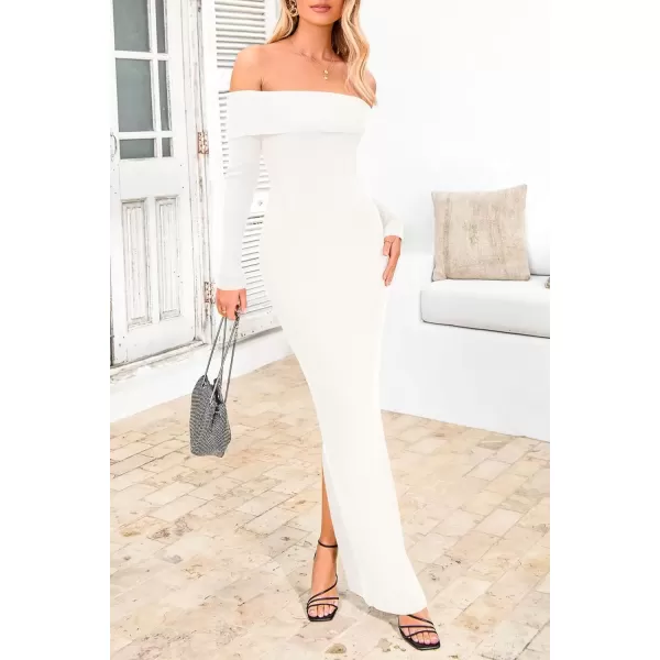 imagePRETTYGARDEN Womens Fall Sweater Dress Long Sleeve Off Shoulder Slit Maxi Bodycon Cocktail Party DressesBeige White