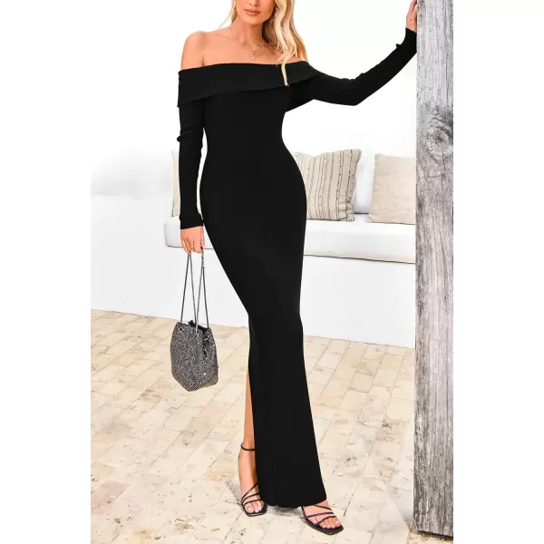 imagePRETTYGARDEN Womens Fall Sweater Dress Long Sleeve Off Shoulder Slit Maxi Bodycon Cocktail Party DressesBlack