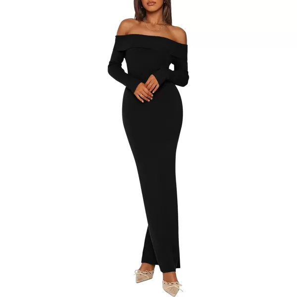 imagePRETTYGARDEN Womens Fall Sweater Dress Long Sleeve Off Shoulder Slit Maxi Bodycon Cocktail Party DressesBlack