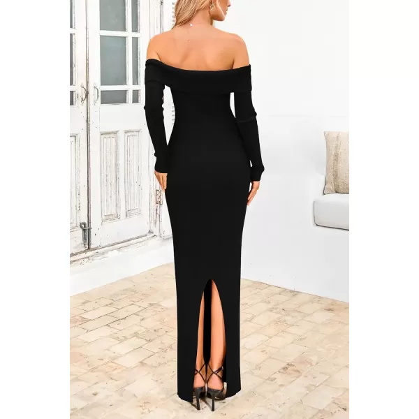 imagePRETTYGARDEN Womens Fall Sweater Dress Long Sleeve Off Shoulder Slit Maxi Bodycon Cocktail Party DressesBlack
